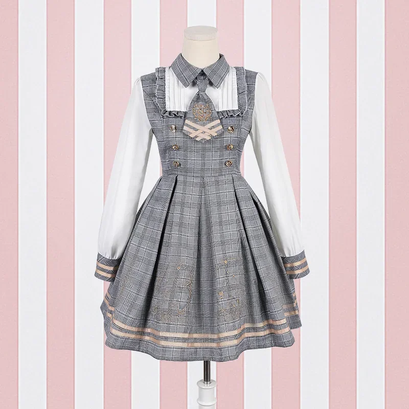 Novo vestido lolita detetive bear cospaly feminino estilo preppy pescoço gravata vestidos de manga longa e manto de lã dropshipping