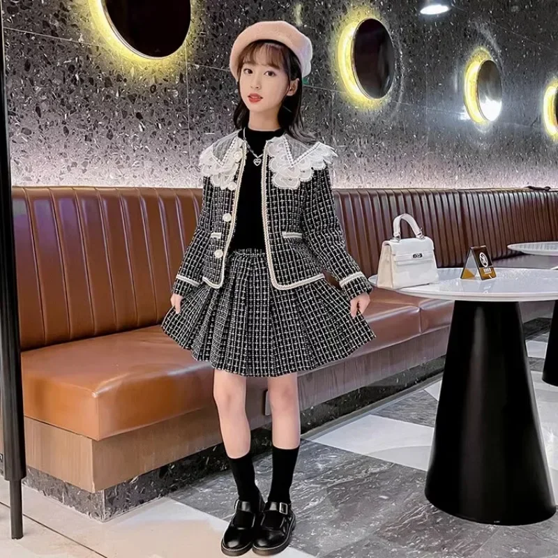 

Girls' Autumn Set Plaid Coat and Pleated Short Skirt Fashion Combination Two Piece Set Kids Boutique Clothes Age for 4 To12