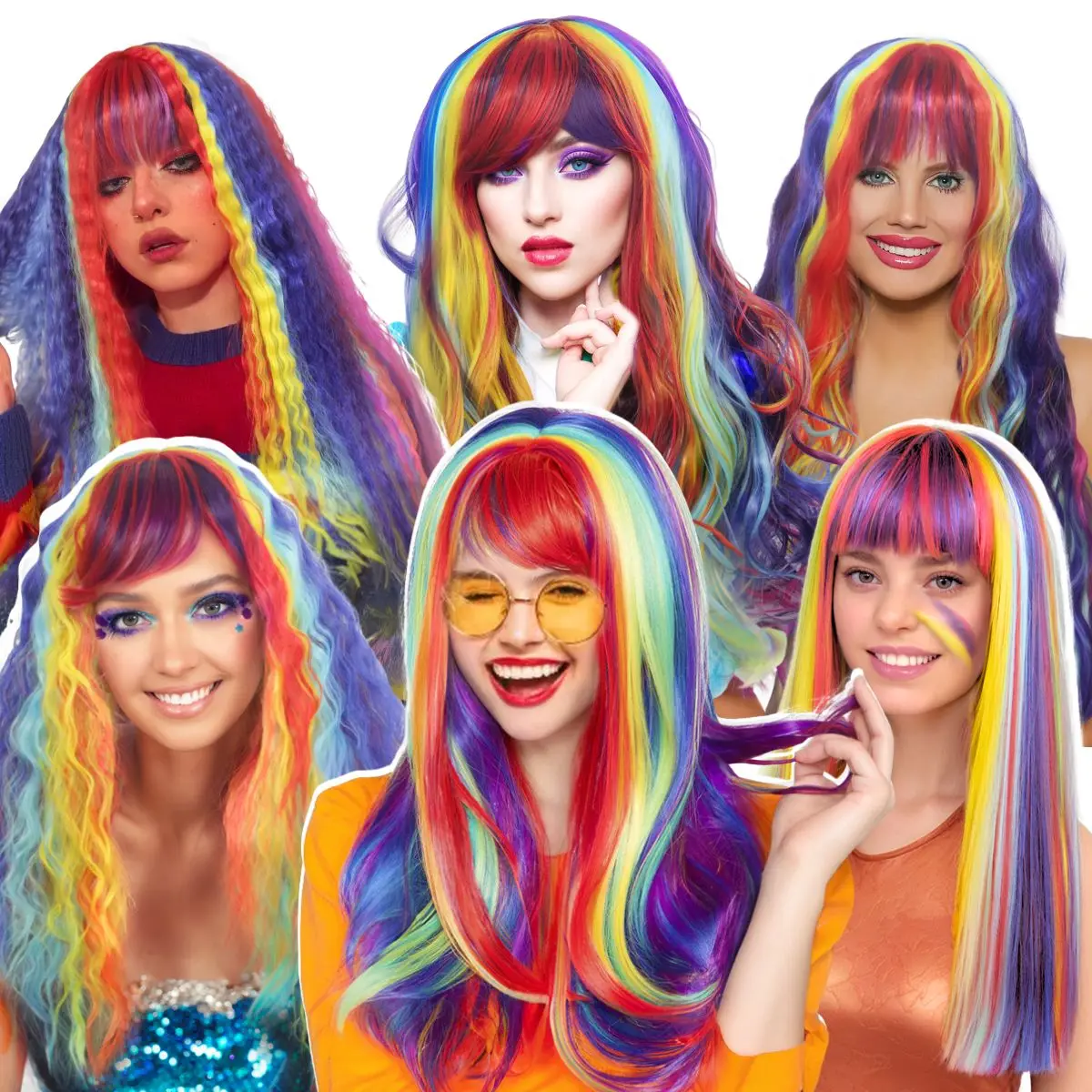 Women's Rainbow Series Long Curly Synthetic Hair Wig Wavy Costume Wig for Party Halloween Cosplay Stylish Gift