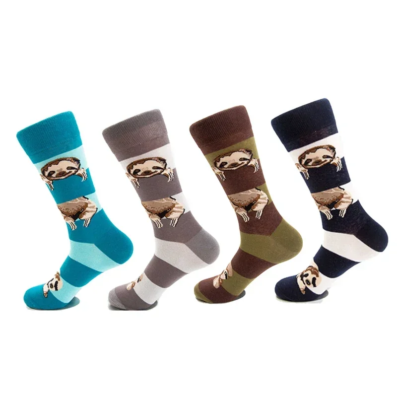 4 Pair/Lot Personality Animal Sloth Autumn Winter Street Style Men\'s Socks Funny Happy Socks Combed Cotton Men Socks Female Sox