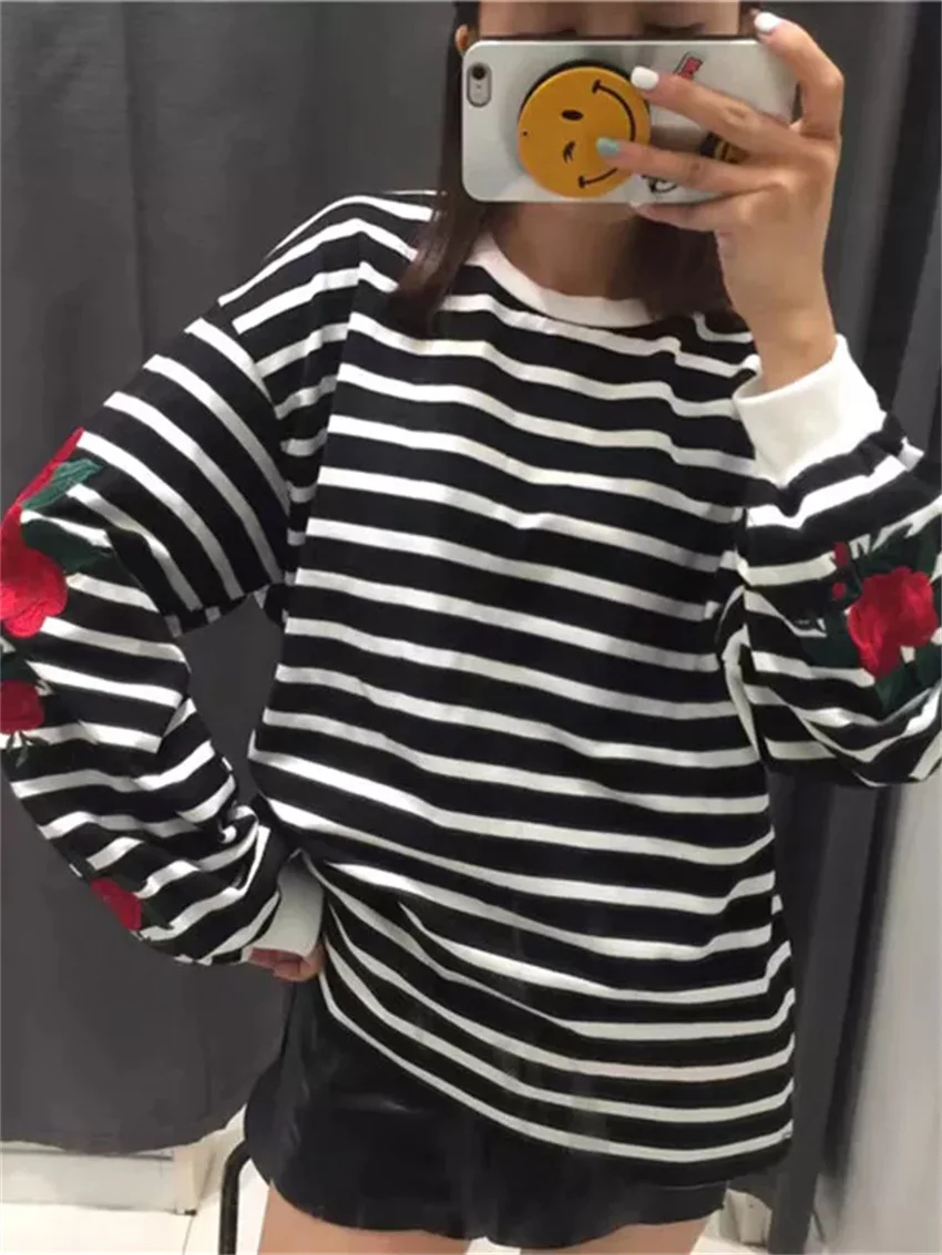 Alien Kitty Harajuku Hoodies Roses Embroidery Lantern Sleeve Loose Striped Women Sweatshirt Girl Vintage Elegant Casual Tops