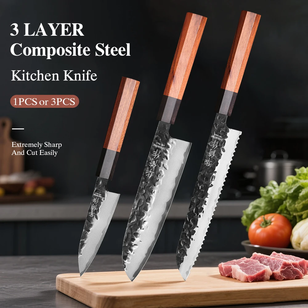 

1 шт.-3 шт. набор кухонных ножей, универсальный нож для очистки хлеба Santoku, японский композитный стальной нож, профессиональные наборы ножей шеф-повара