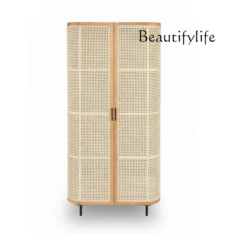 

Solid wood rattan wardrobe opposite door small apartment simple storage log breathable designer fashion