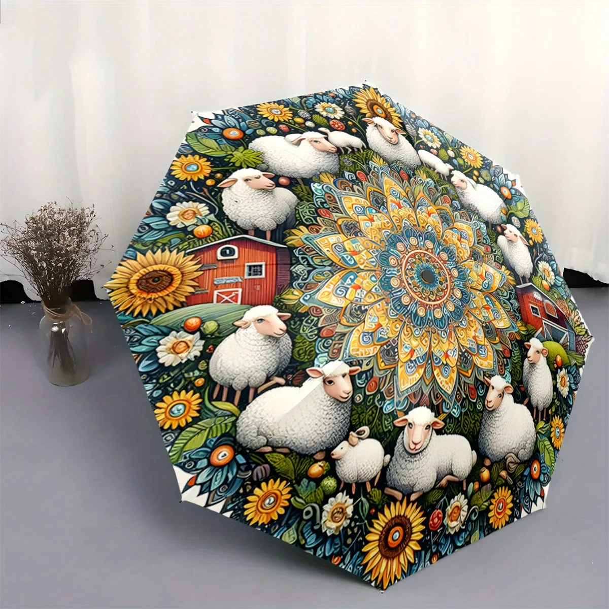 

Automatic Folding Umbrella Sheep, , barns, and a central mandala pattern. Portable collapsible design, casual outdoor accessor