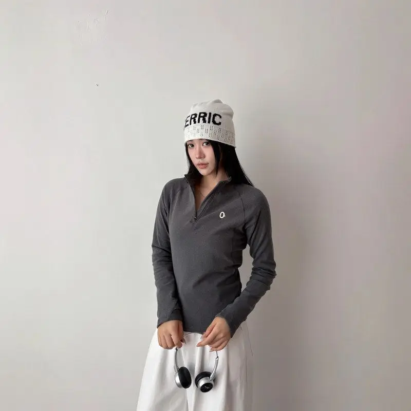 Damska bluza sportowa z zamkiem błyskawicznym, aksamitna, dopasowana, długa, z rozpinanym kołnierzem, młodzieżowa, modna, kolekcja zimowa.