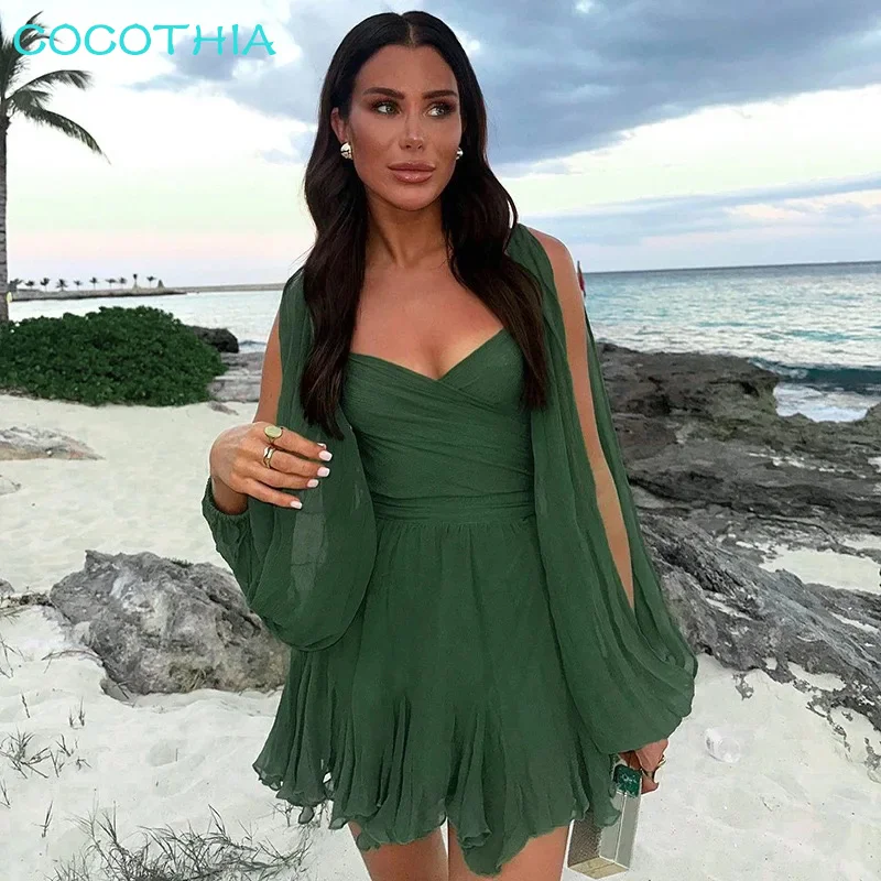 COCOTHIA Chiffon lanterna maniche divise fasciatura Lace Up Backless Sheer Mesh Mini Dress Party Summer Fashion Sexy New Vestidos