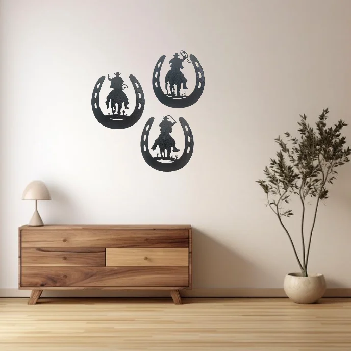 

Horseshoe Metal Wall Art Decor With Cowboy, Western Rustic Style Horse Shoes Decor Hanging for Living Room Country Decor Gift