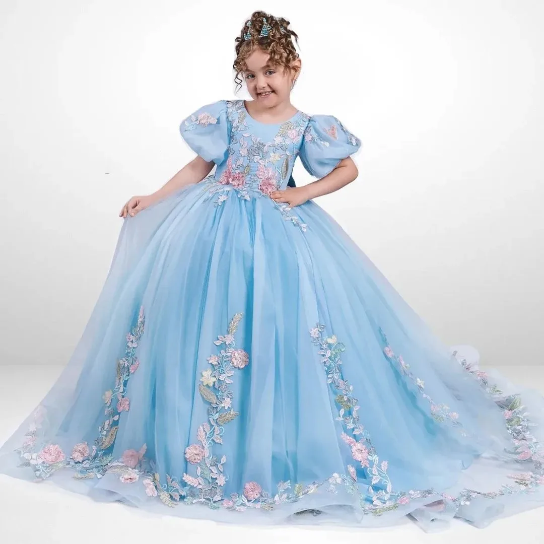 Customized Blue Flower Girl Dress For Wedding With Bow Tulle Floral Lace Appliques Kids Birthday Party First Communion Ball Gown