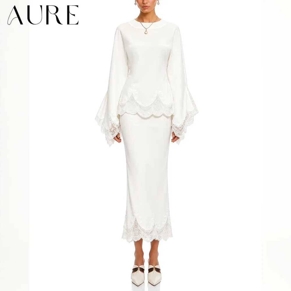Aure Customized White Evening Midi Mermaid Dress Set Women Lace Cape Sleeve Two Piece Formal Outfit Modest Wedding Guest Gown
