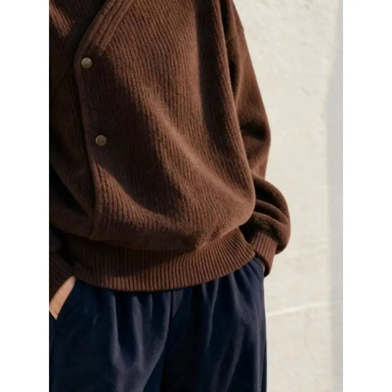 Vintage élégant marron pull pull col montant irrégularité bouton haut en tricot haut de gamme dame-chique tenues d'hiver bureau dame