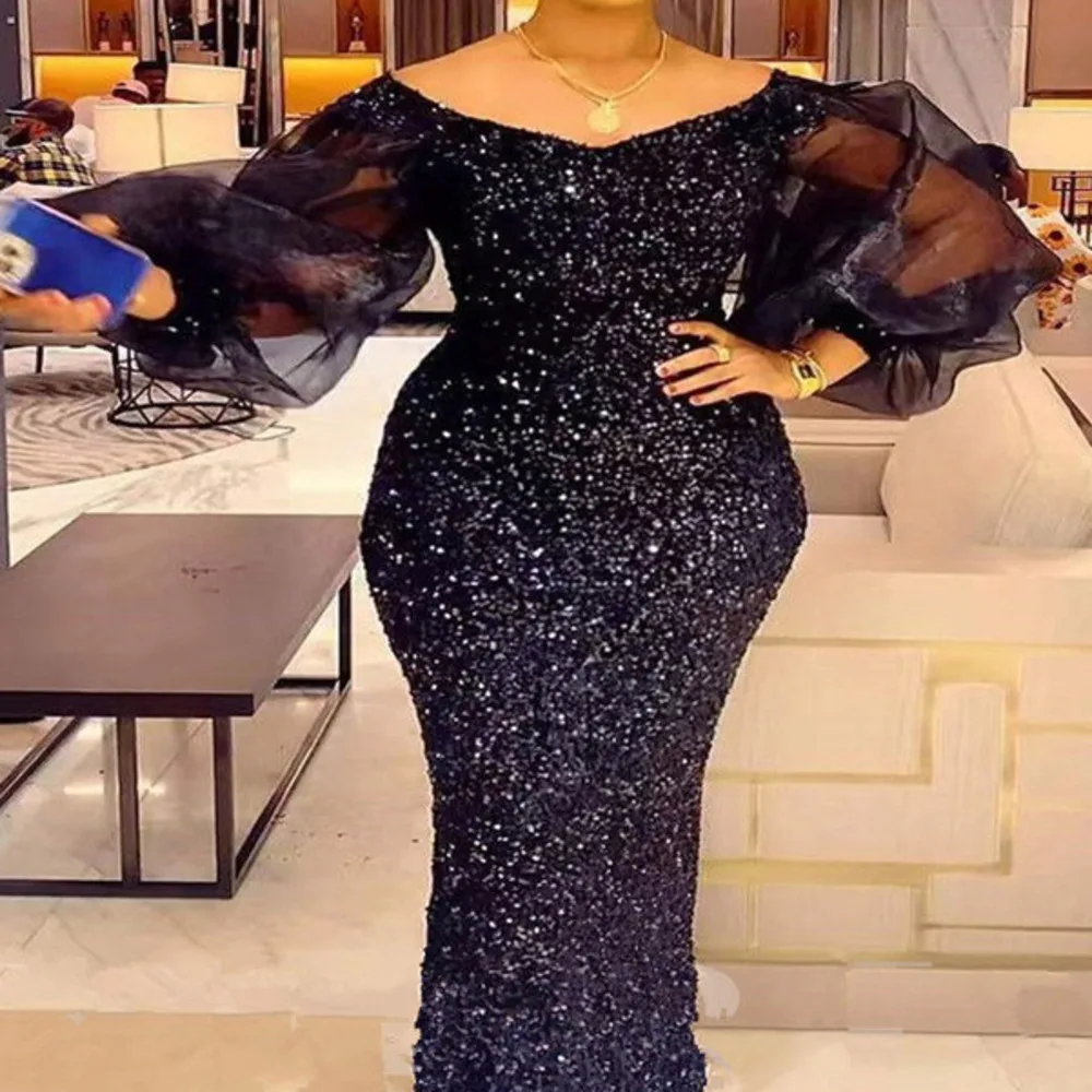 

New style elegant sexy V-neck one shoulder dialysis bubble sleeve bead piece evening dress