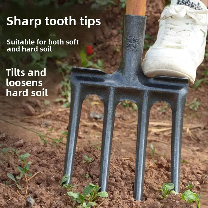 أداة حراثة بأربعة أسنان فولاذية مع مقبض خشبي، أداة فولاذية بالكامل لتفكيك التربة في حدائق الخضروات، أداة رمزية ثقافية للتشيجونغ #5