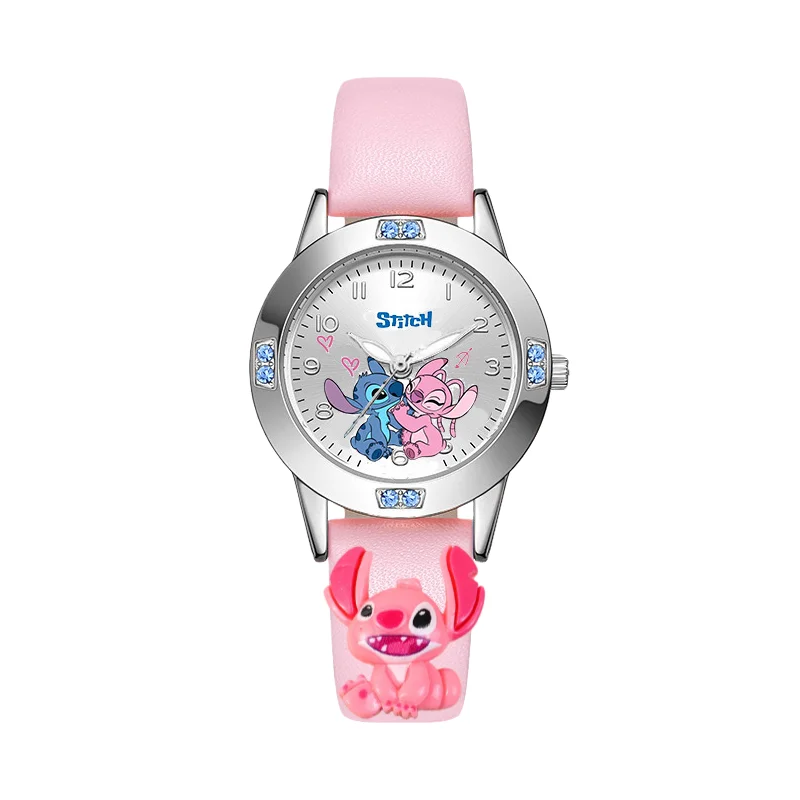 Cartoon Stitch Girl's Watches Diamond Quartz Watch for Women Stich Leather Wristwatches Fashion Steel Belt Watch Gift