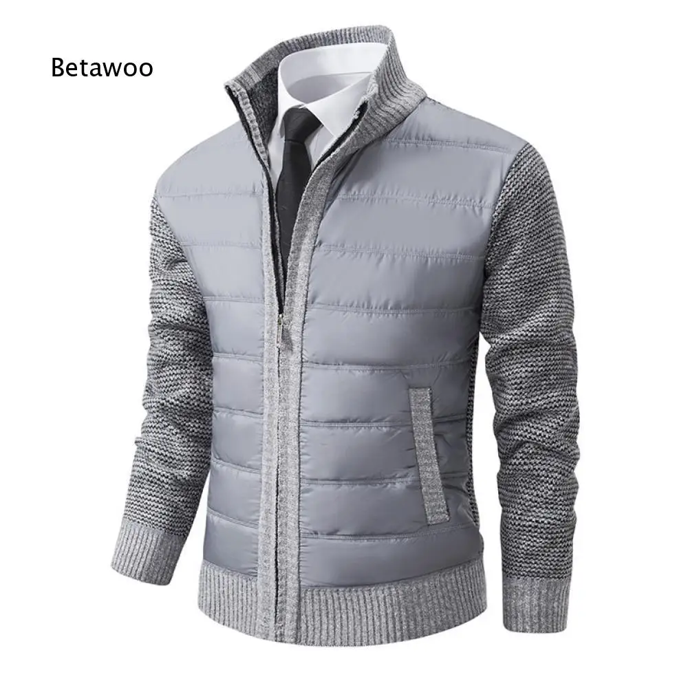 Mens Autumn Winter Light Padded Jacket Stand Collar Knit Sleeve Spliced Design Zipper Front Outerwear For Everyday Dressing