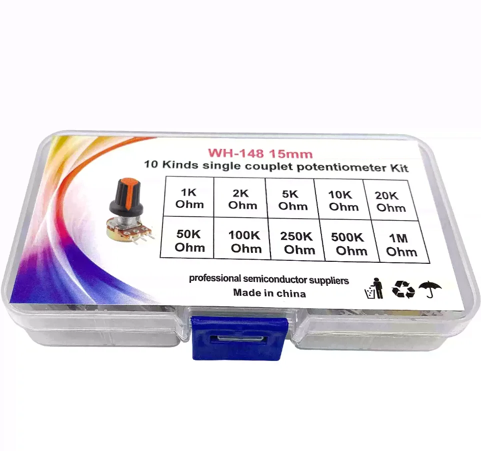 10Value*1PCS B1K B2K B5K B10K B20K B50K B100K B250K B500K B1M 15mm 3pin Assorted Pack WH148 Potentiometer Kit With Cap Knob