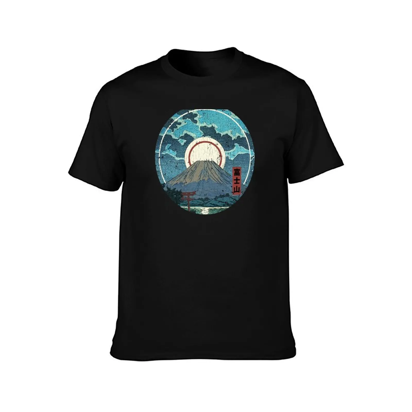 Mt. Fuji Moon T-Shirt, Summer Casual Cotton Tee, Oversized Streetwear Tops, Vintage Graphic Print, Loose Fit Short Sleeve