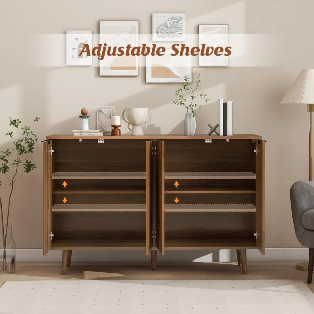 Buffet Cannelé avec Rangement, Armoire de Rangement avec 4 Portes Décorées, Armoire de Bar à Café en Bois avec Pieds en Bois Massif