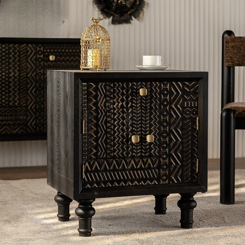 Retro black carving craft locker, bedroom with drawers, light luxury bedside table
