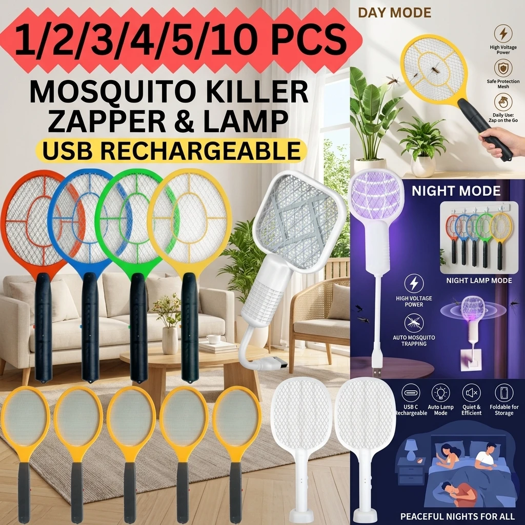 1-10PCS Mosquito Killer Lamp USB Rechargeable Electric Foldable Mosquito Killer Racket Fly Swatter Repellent Lamp Insects Racket