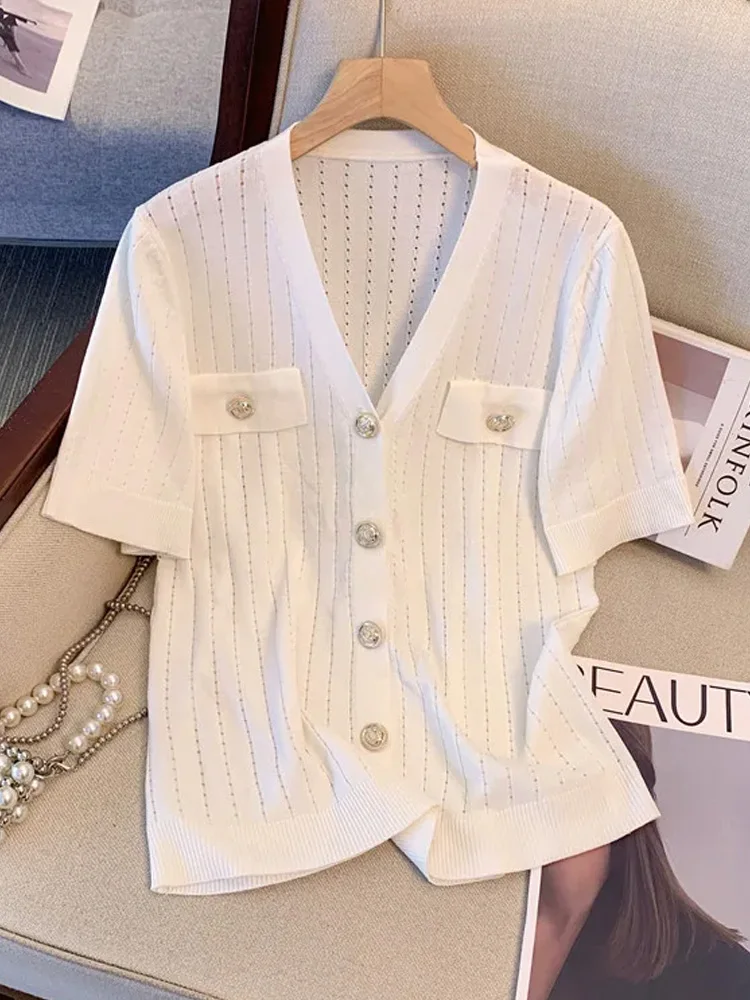 Stylish Vintage Knit Sweater Women Gold Buttons Cardigans Tops 2024 Summer Short Sleeve O-neck Elegant Fashion Chic Knitwear