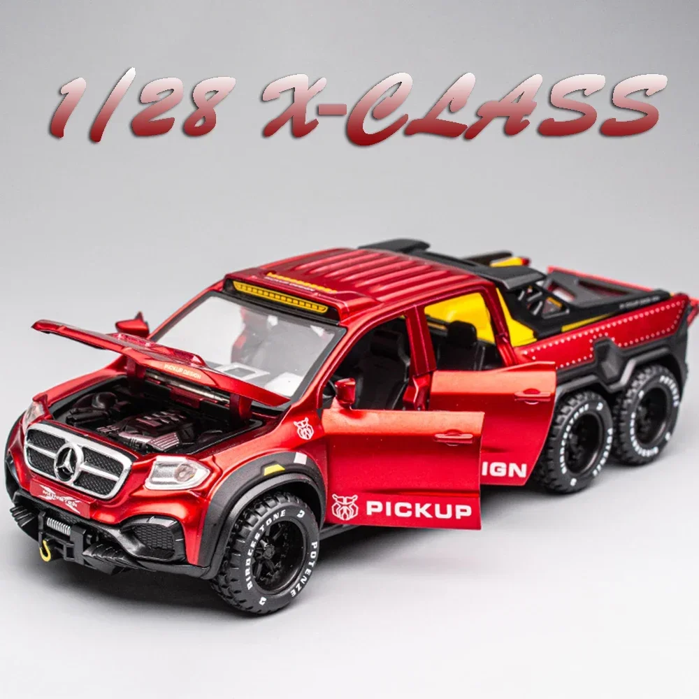 1:28 Alloy X-Class 6X6 Model Off-road Car Toys Metal Diecast Miniature Pickup Doors Opened Sound Light Pull Back Model Ornament