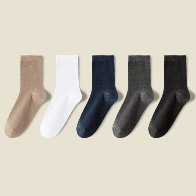 5 Pairs 168 Needle Spring Winter Men Solid Color Comfortable Cotton Retro Long Sock Mid-tube Men's Fashion Socks Simple Style