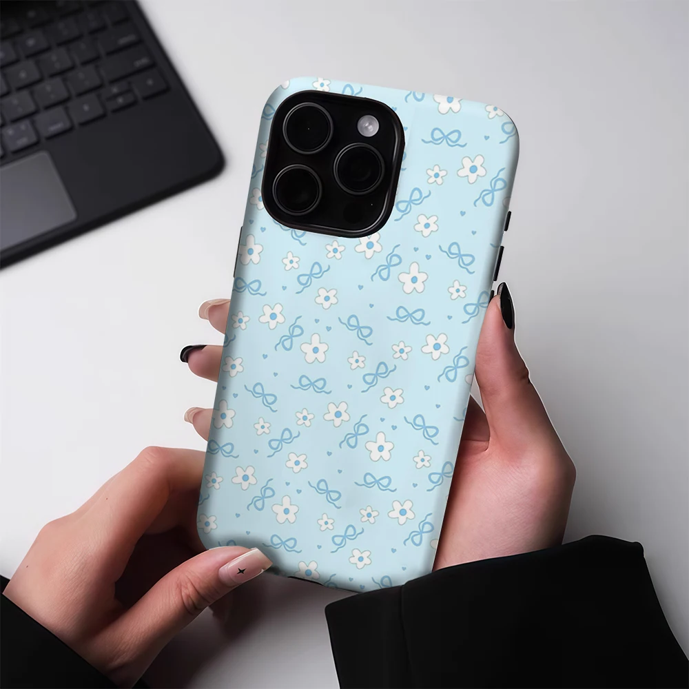 Fleur bleue IPhone17 doit pour la coque de téléphone magnétique pour IPhone 17 16 15 14 13 Pro Max Plus étui robuste simple Double couche