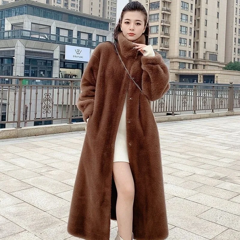 

With Mink Fur Outerwear Thickened Fashionable New Style of One-piece Stand-up Collar Faux Fur Winter Loose Long Coat