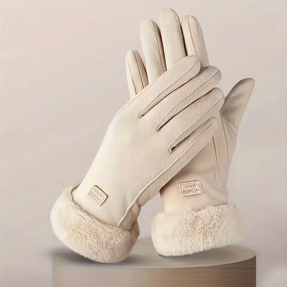 Comfortable beige touchscreen gloves with plush lining - providing thick and warm winter protection for outdoor leisure