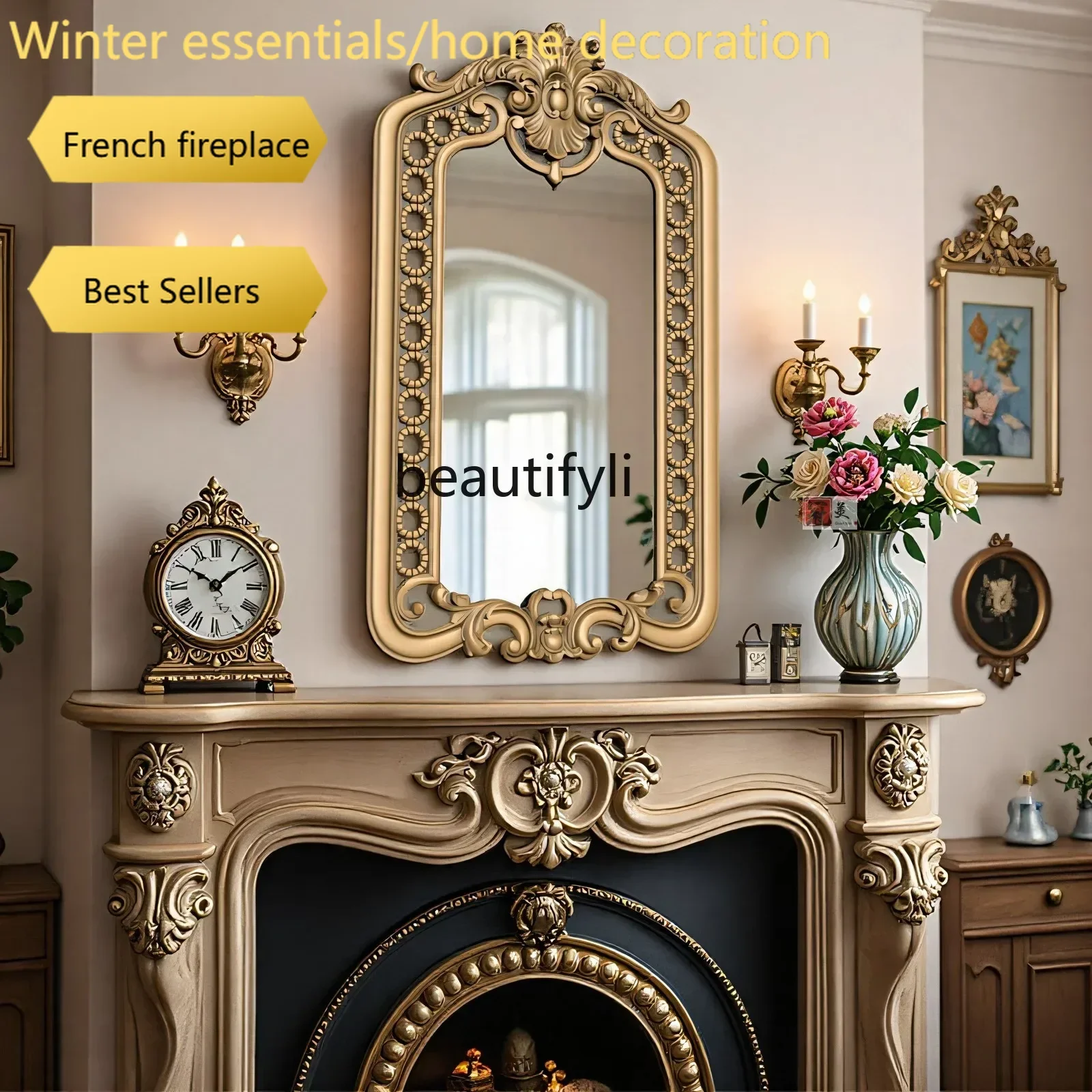 A95   European retro mirror carved desktop bedroom makeup mirror background wall nostalgic fireplace decorative mirror