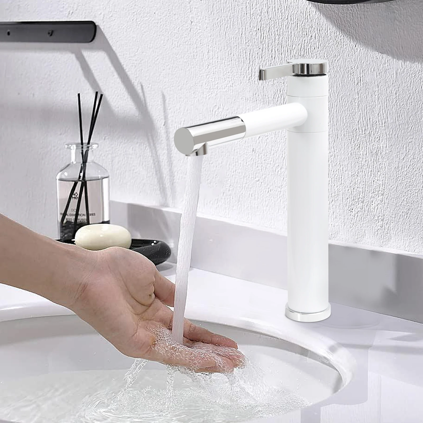 Kitchen 360° Rotatable Tap Bathroom High Washbasin Mixer Tap White Single Lever Mixer Tap for Bathroom Brass