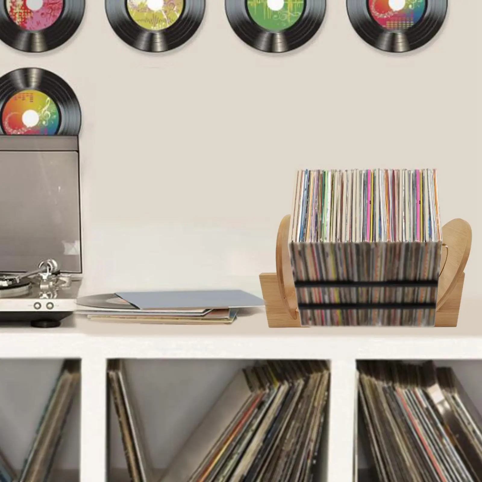 Vinyl Records Support Holder Wooden Organizer Rack for CD DVD Album Storage Display Tabletop Stand