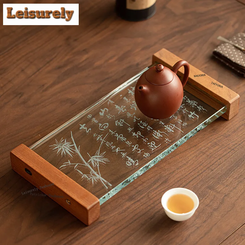 Floating Light Bamboo Thickened Glass Tea Tray Afternoon Tea Dessert Plate Coffee Storage Board Teapot Holder Dishes For Serving