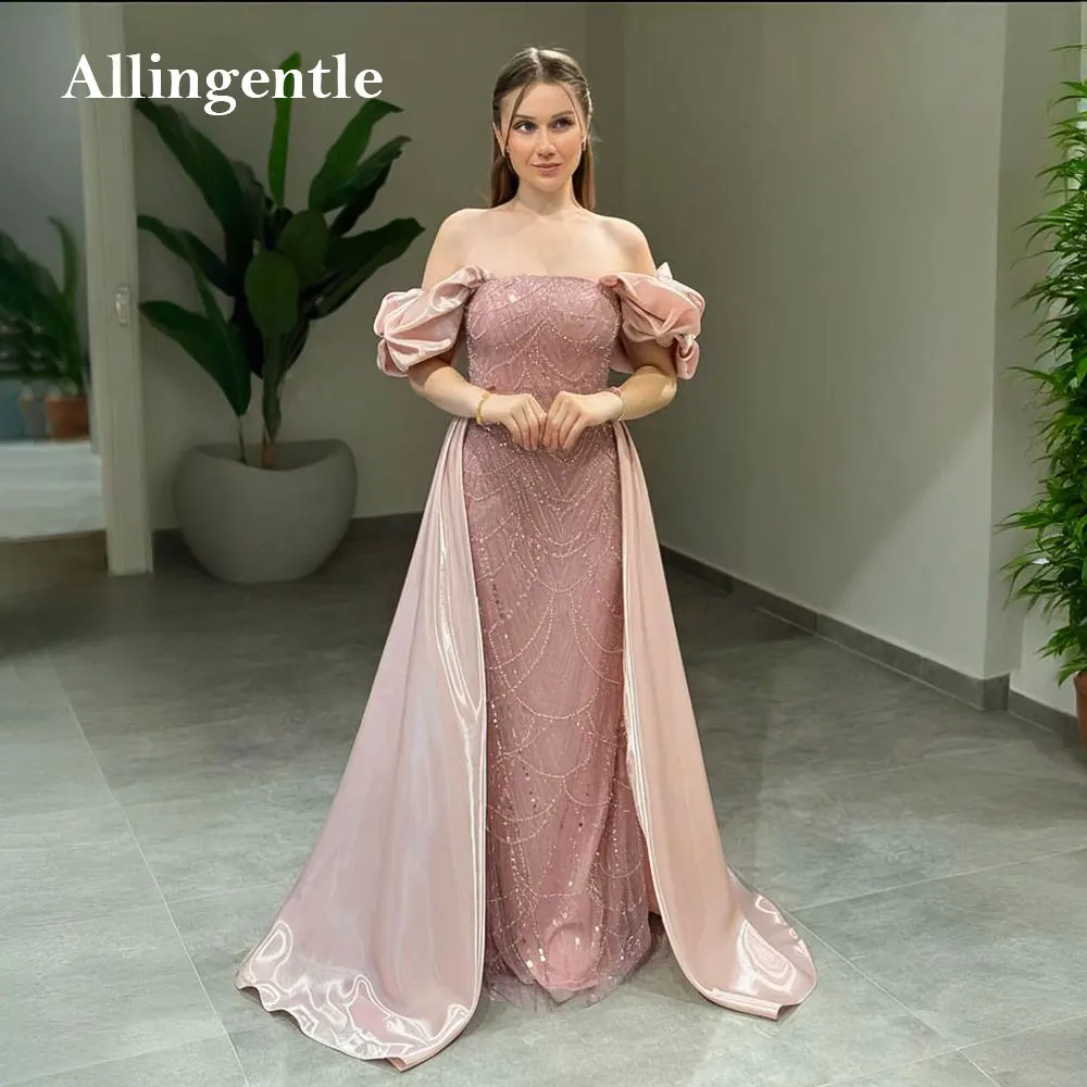 

Luxury Pink Mermaid Prom Dresses With Sweep Train Off-Shoulder Beaded Long Evening Formal Dress for Wedding Party Customized