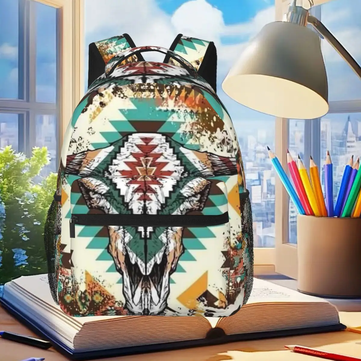 Bull Skull Tribal Aztec Bone Ethnic Backpack Student Boys Girls BookBag Kids School Bag Laptop Shoulder Bags for Men Women