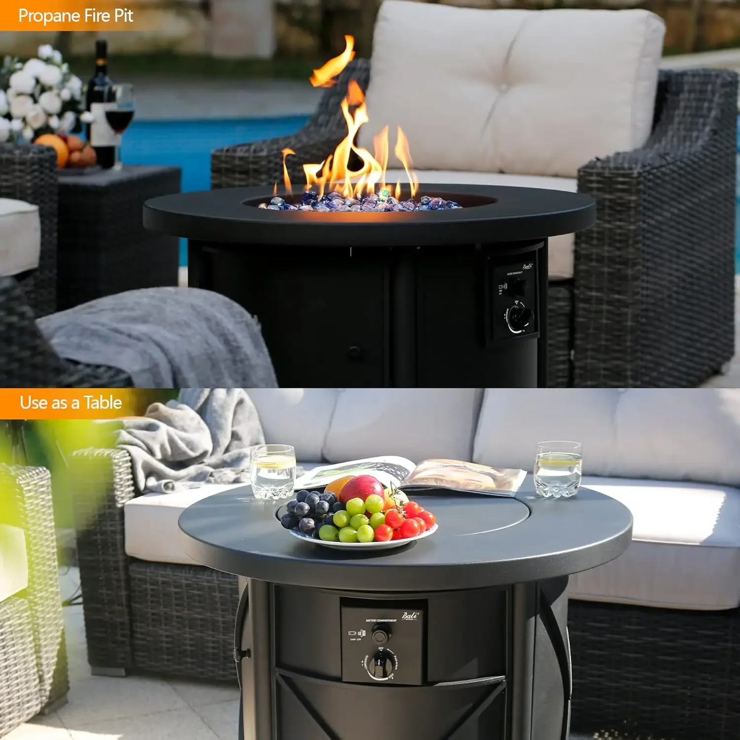 Propane Fire Pit Table Gas Firepit 30 Inch 50,000 BTU with Fire Glass Cover Lid for Patio, Garden, Backyard and Porch