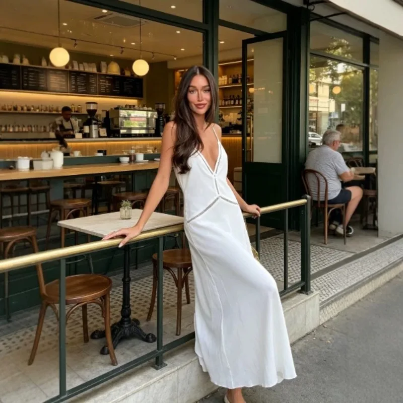Flowy Floor Length Dress Deep V Neck Thin Spaghetti Straps Hollow Out Cutout Panel Open Back Loose Swing Hem Maxi Gown 260701