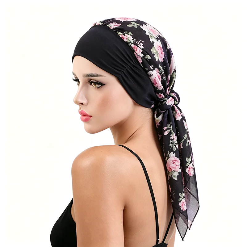 New Trendy Print Womens Elastic Pre-Tied Hijab Turban Cap Muslim Cancer Chemo Flower Print Hat Cover Hair Loss Head Scarf Wrap