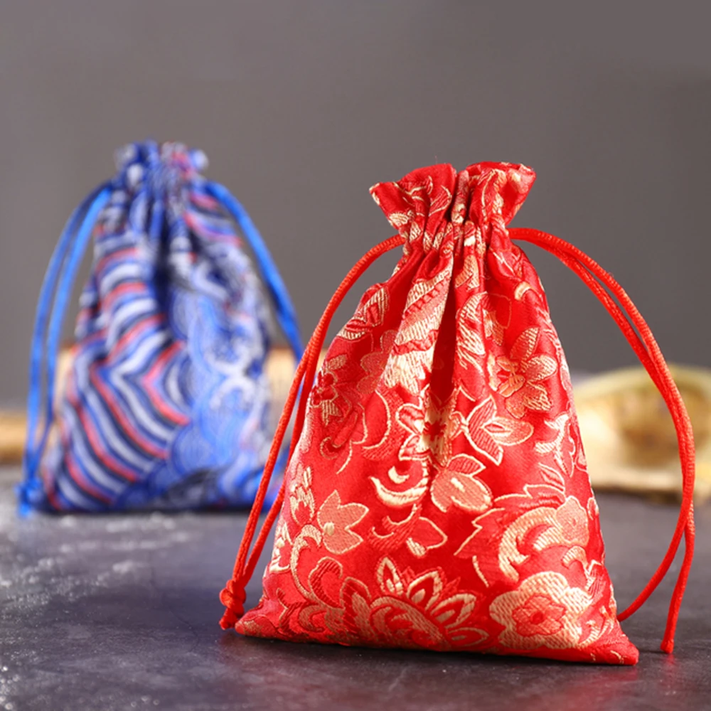 Tie Mini Wedding Gift Embroidered Drawstring Pouch Storage Bag Jewelry Packaging Bag Satin