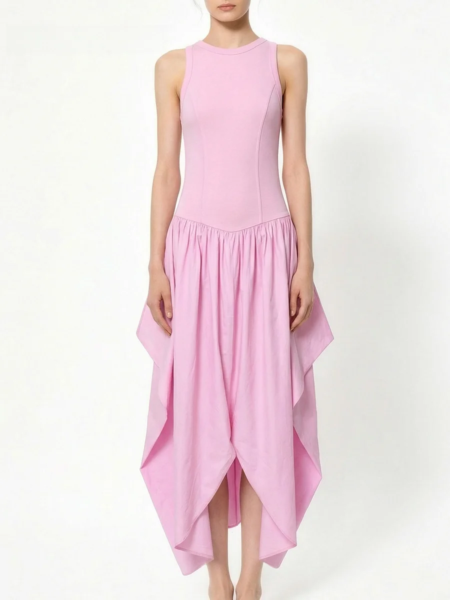 

Nothing Nine Geometric Ultra Skirt Dress High Waist Slim Fit Casual Style round Neck Zipper Closure Light Weight Four Seasons