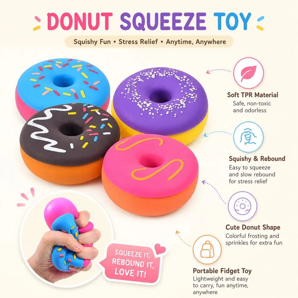 Cute Soft Texture Donut Squeeze Toy Donut Shape Dessert Style Donut Squishy Toy Colorful Stress Ball Home Relaxation