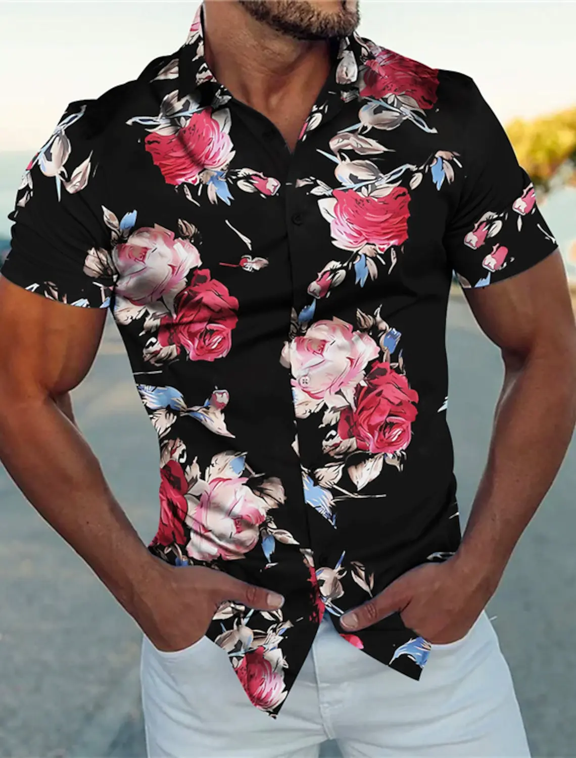 Men's Business Casual 3D Printed Floral Shirt Outdoor Street Wear to work Summer Turndown Short Sleeves 4-Way Stretch Fabric