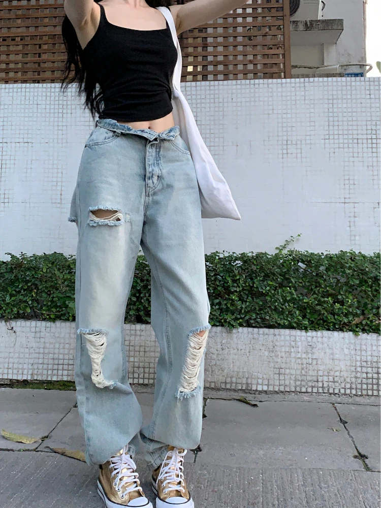 

Women's Vintage Hole Design High Waist Fashion Denim Pants 2025 New Washed Street Casual Straight Full Length Jeans Pants