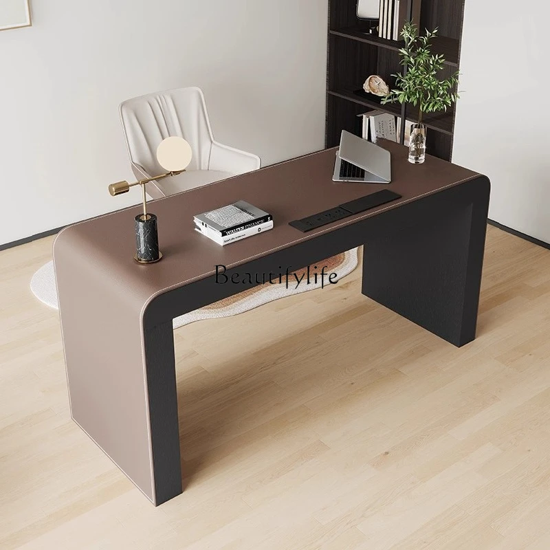 

Italian minimalist home study desk light luxury modern high-end saddle leather writing desk computer desk
