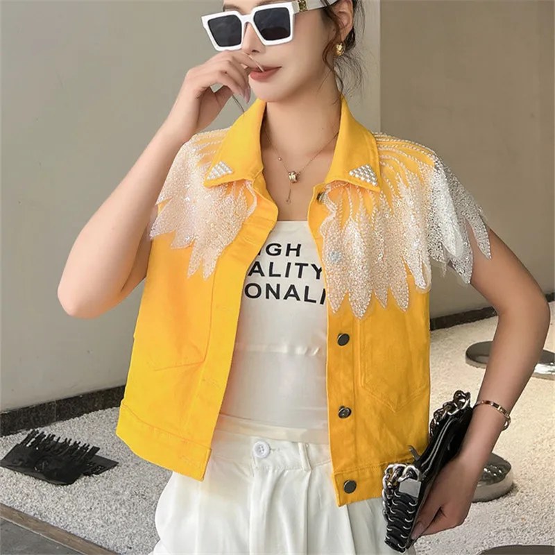 

Fashion Diamond Sequins Solid Color Slim Thin Short Denim Vest Women Summer Lapel Single-Breasted Sleeveless Cowboy Waistcoat
