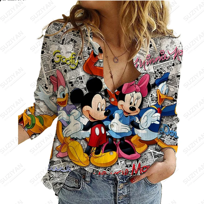 2023 nowy Disney Harajuku Slim Fit nadruk 3D damska luźna bluzka z długim rękawem do klapy casualowa śliczna koszula Plus rozmiar Y2K Michimini