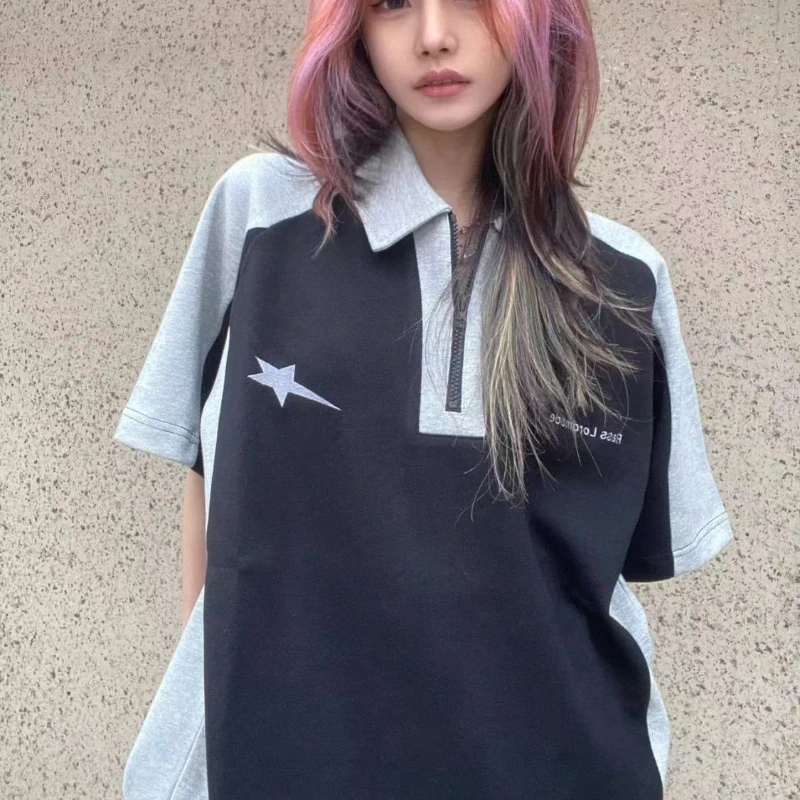 Fashion Cotton Polo Shirt Casual Short Sleeve T-shirt Women Men Embroidery Zipper Loose Preppy Couple Clothes Harajuku Tops Tees