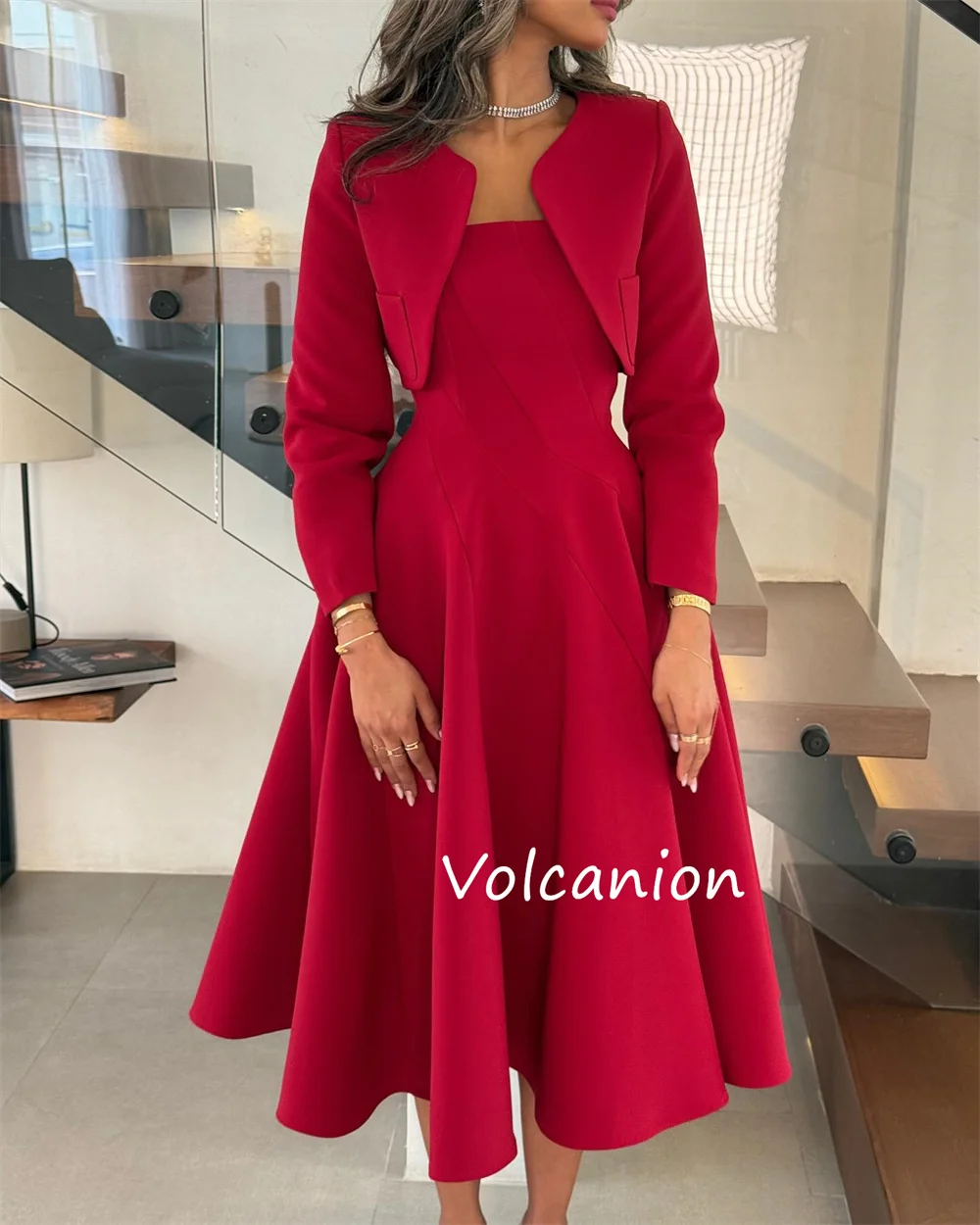 تخصيص جيرسي الطية ألف خط Poretrait فساتين متوسطة الطول مفصل مناسبة حزب كلاسيكي أنيق جودة عالية