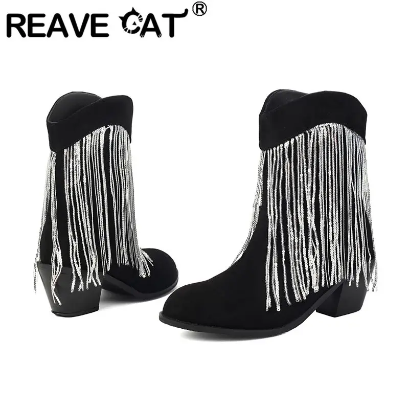 

REAVE CAT 2025 Fashion Women Ankle Boots Round Toe Block Heels 5cm Flock Suede Tassels Plus Size 44 45 46 Dating Female Bota