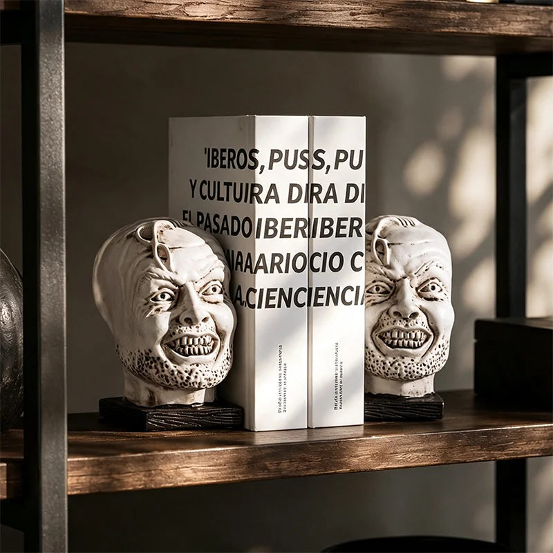 Gothic Dark Resin Human Head Statue Vintage Creepy Face Figurine Bookend Desktop Ornament for Study Bookshelf Home Decor Gift